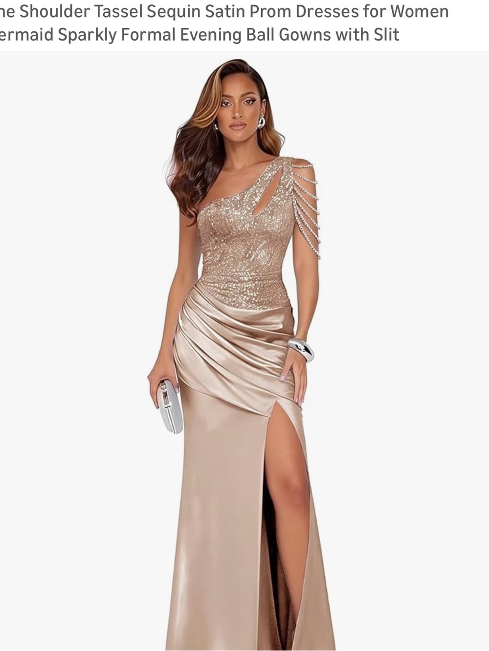 Amazon One-Shoulder Sequin & Satin Evening Gown in Champagne
